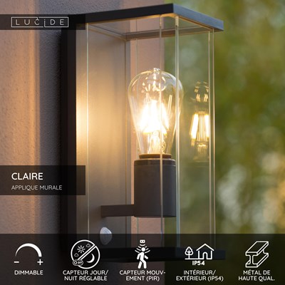 Lucide CLAIRE - Applique murale Intérieur/Extérieur - 1xE27 - IP54- Détecteur De Mouvement & Jour/Nuit - Anthracite